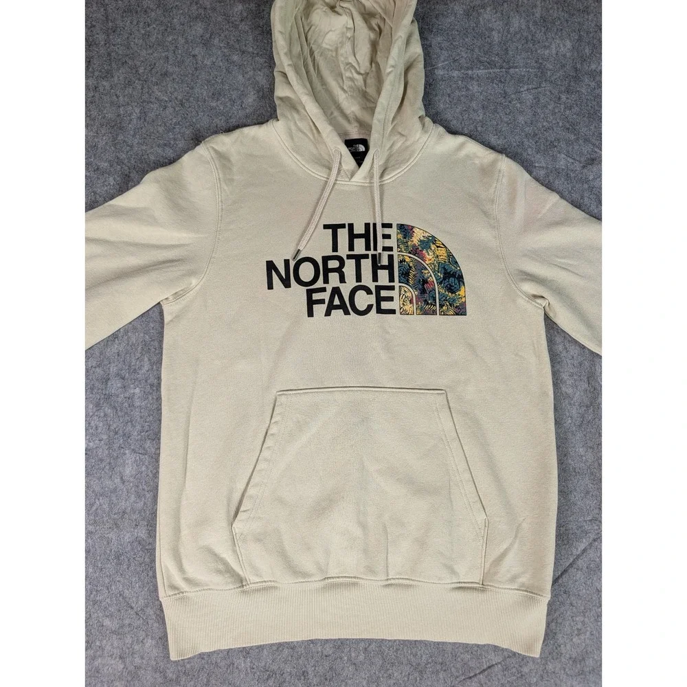 The North Face Mens Graphic Logo Pullover Hoodie Beige Floral Half Dome Fleece